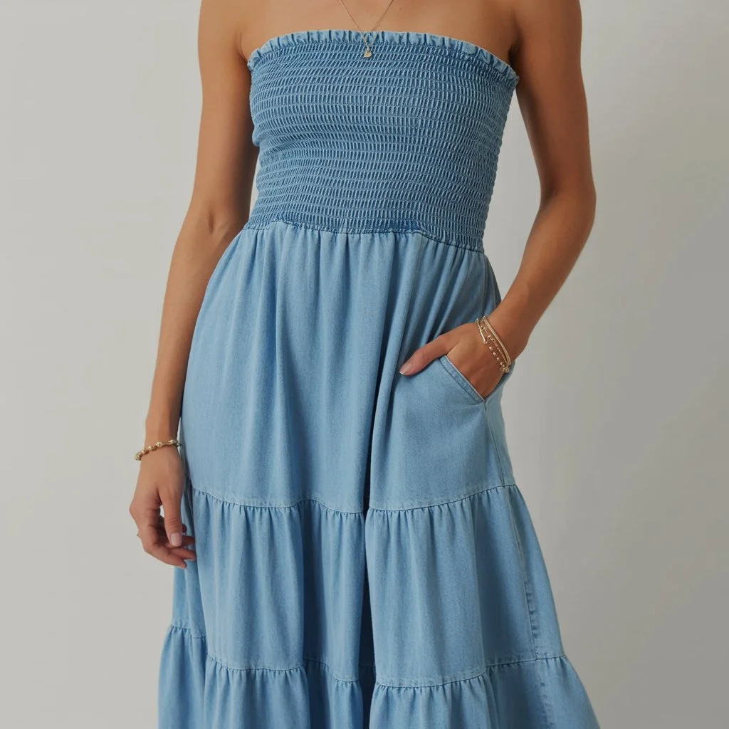 The Complete Guide to Denim Dresses: Styles, Tips, and Trends 5 a close up of a woman wearing a light