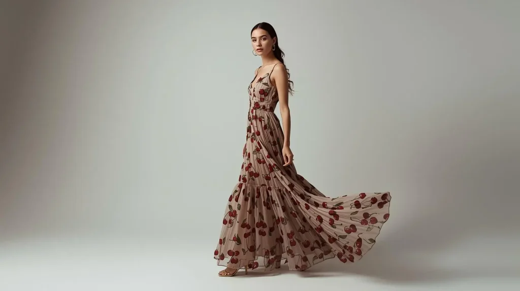 create 1 image in which girl wear dresses having cherries that is trending on pintrest. create for adults full dress . create asthatic