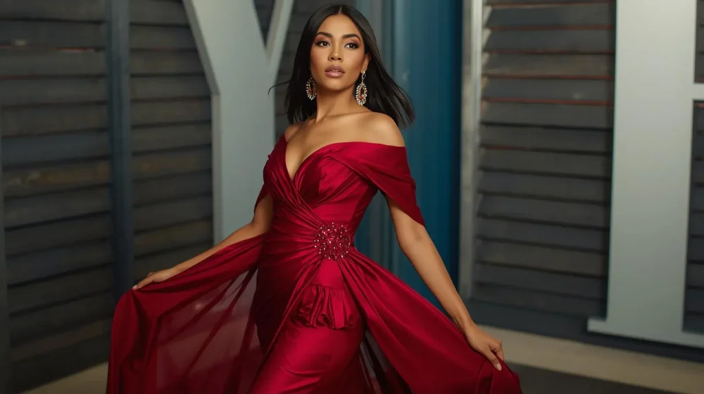 create image in which women wore cherry dress according to US full dress with more style 1